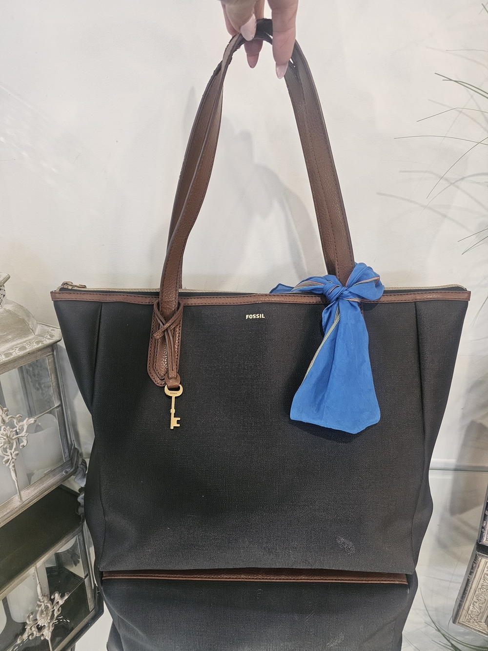 Fossil Sydney Xl Black Tote with Brown Leather Trim and Blue Scarf Accent